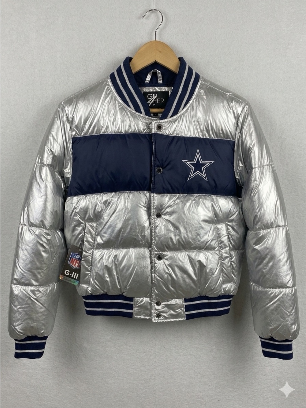 Silver & Navy Star-Emblem Puffer Jacket